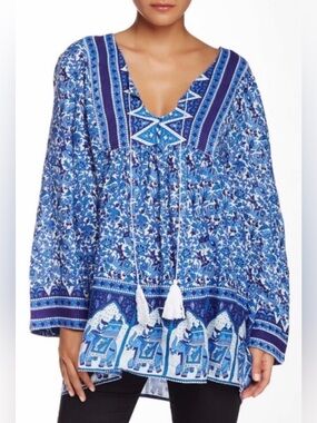 RAGA Sz Medium Blue Printed Boho Gypsy Blouse Tunic Tassel Tie